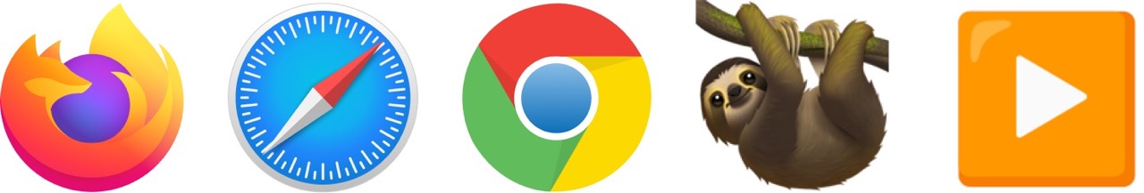 icons of chrome, webkit, firefox, a sloth, and a video play button